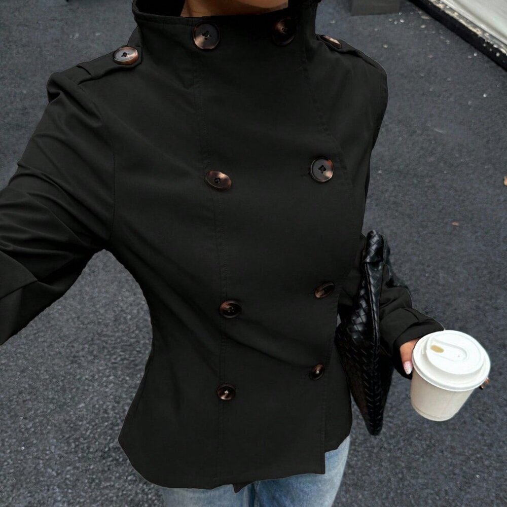 Black Casual Women's Double-Breasted Long Sleeve Trench mini Coat jacket